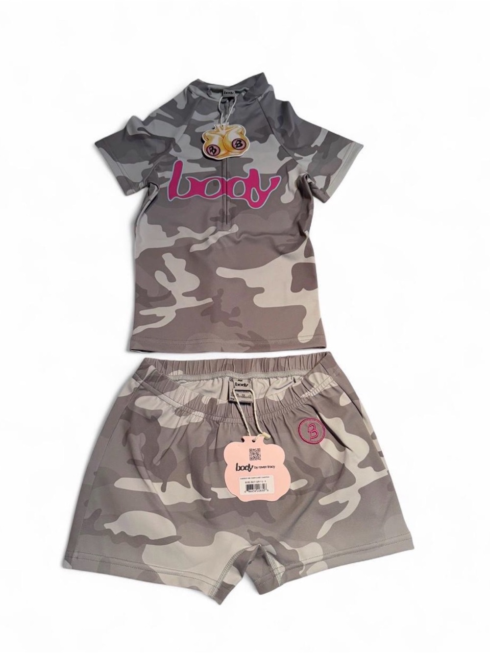 Body Camo Athletic Shorts Set in Grey & Pink Logo